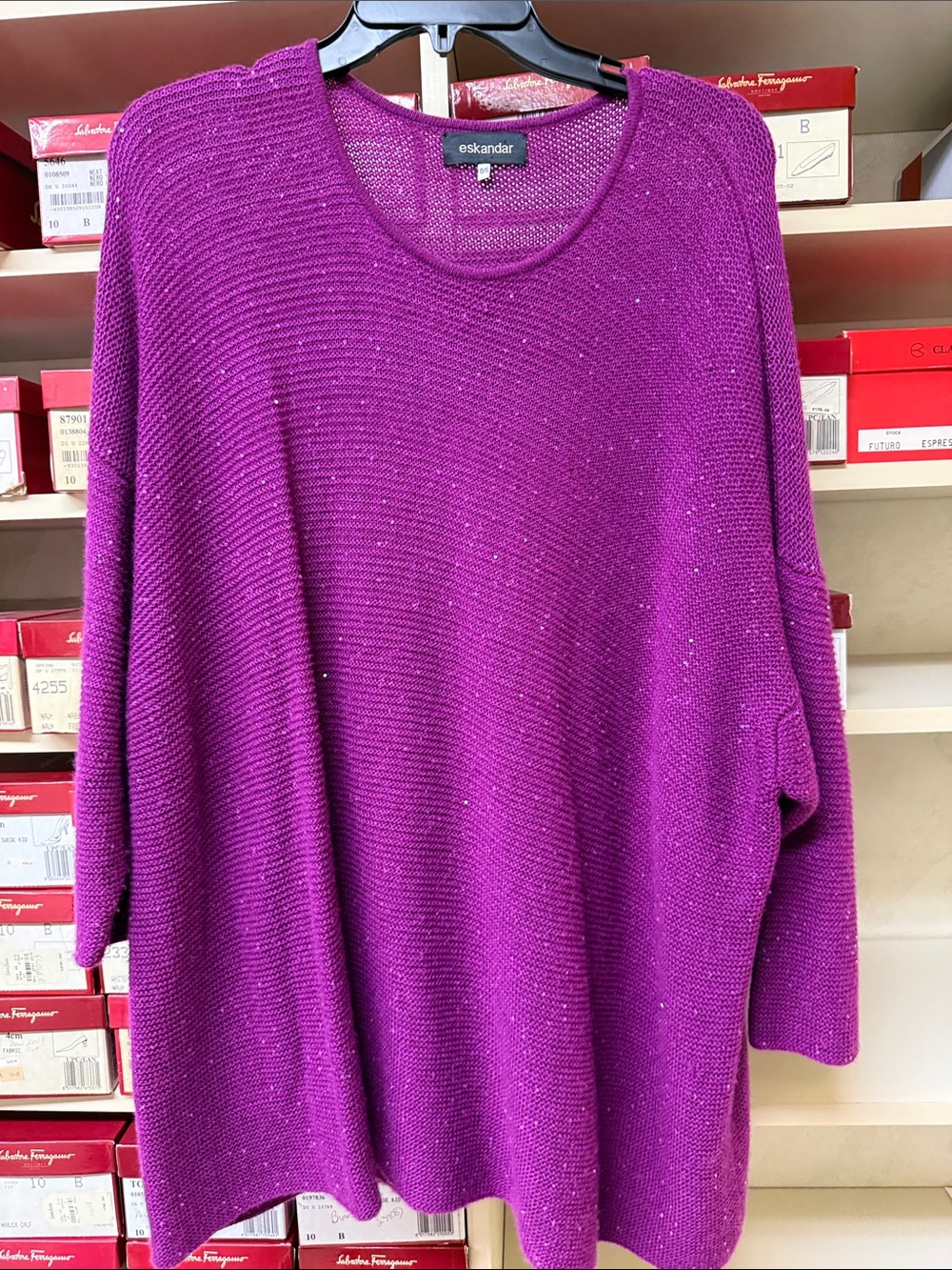 eskandar fuchsia knit pullover with micro sequin detailing